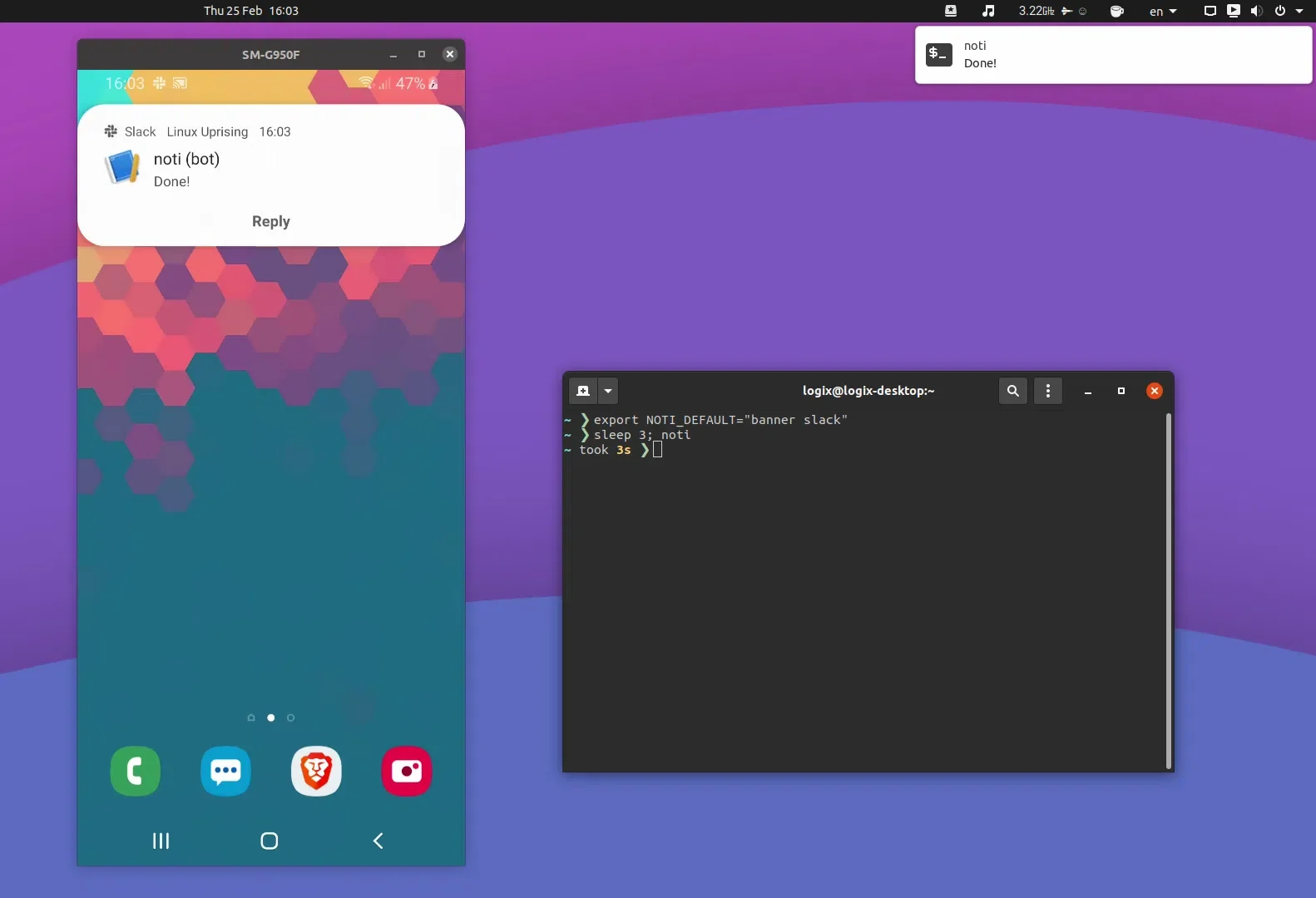Comando de longa duração Noti terminou notificação desktop móvel