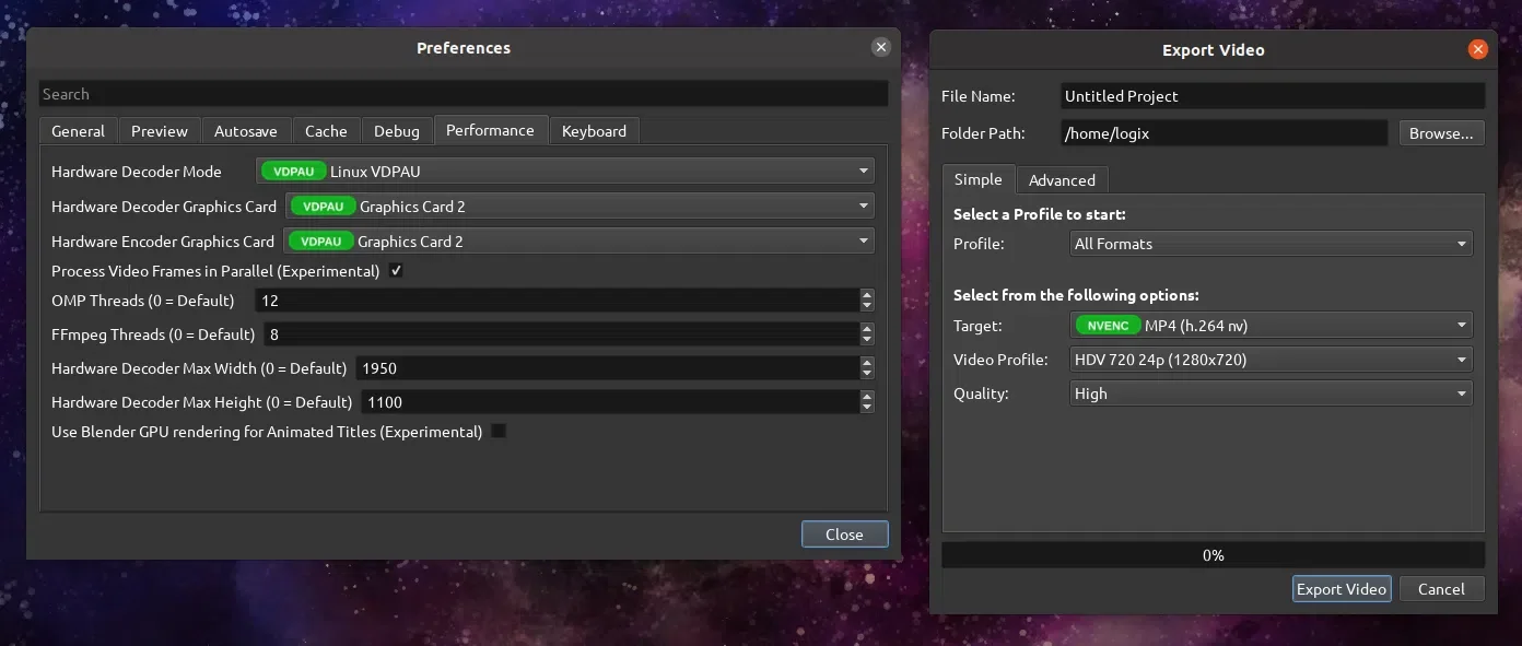 OpenShot aceleração de hardware VA-API VDPAU