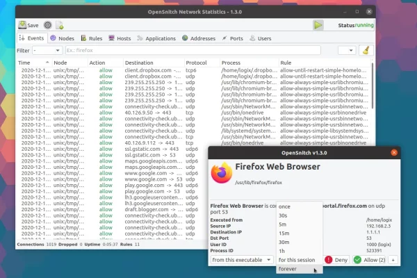 Firewall para Linux em nível de aplicativo OpenSnitch 1.3.0 adiciona uma caixa de diálogo de detalhes do processo, pacotes RPM da GUI