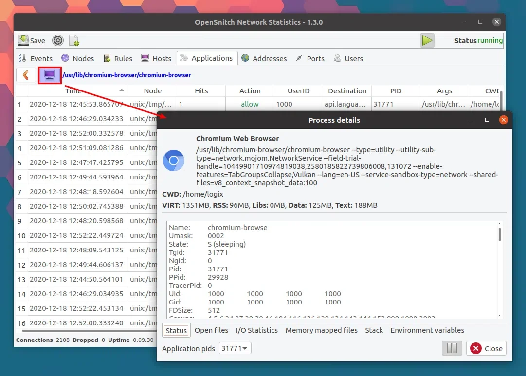 Detalhes do processo OpenSnitch