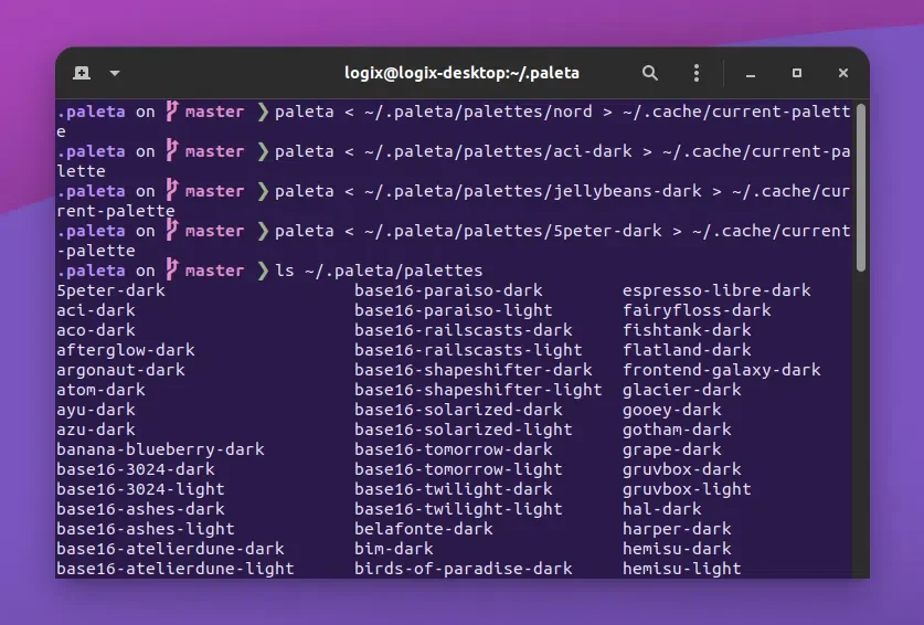 Paleta muda o esquema de cores do terminal em tempo real