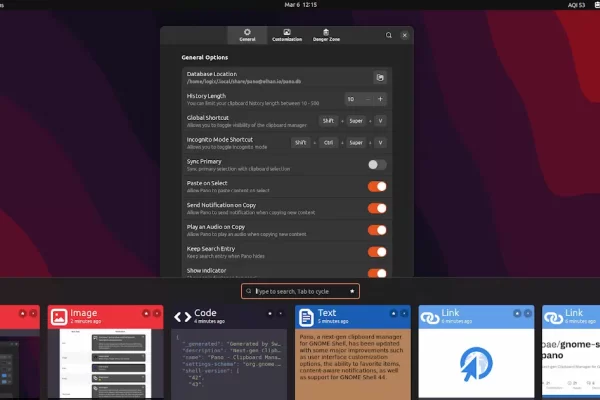 Pano Visual Clipboard Manager para GNOME Shell Adiciona Opções de Personalização da Interface do Usuário, Favoritos, Mais