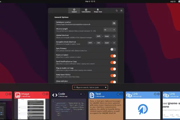Pano Visual Clipboard Manager para GNOME Shell Adiciona Opções de Personalização da Interface do Usuário, Favoritos, Mais