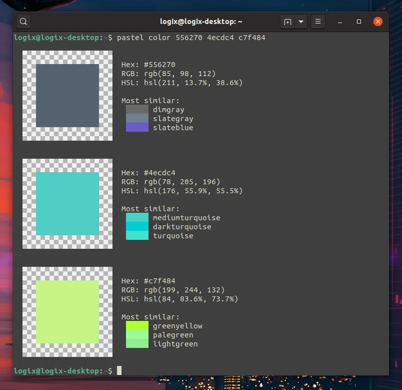 pastel mostram informações de cores