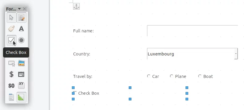 Caixa de seleção de inserção do LibreOffice