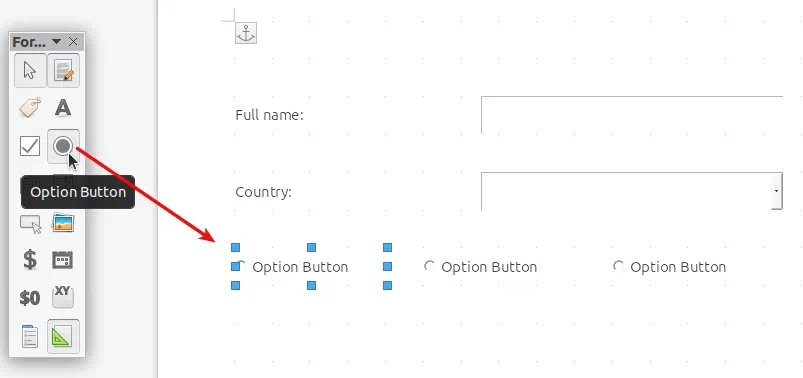 Botões de opção de botões de opção de inserção do LibreOffice