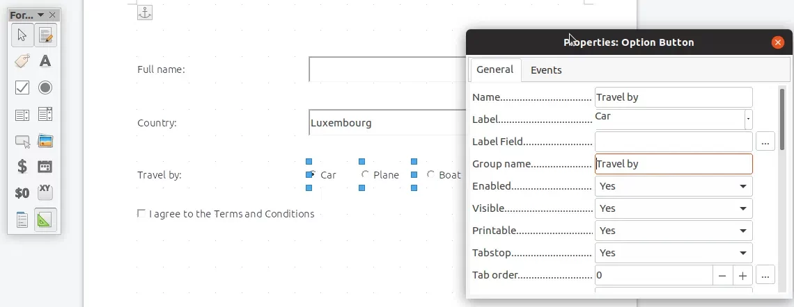 Grupo de botões de opção de botões de opção de edição do LibreOffice