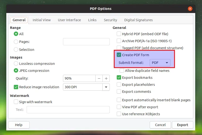 Exportar opções de formulário PDF LibreOffice