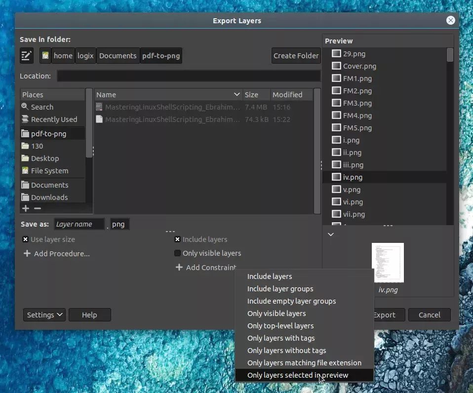 GIMP exporta camadas PDF selecionadas para PNG