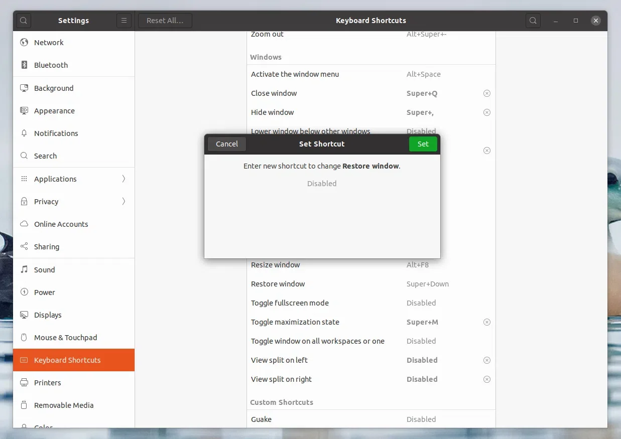 Teclado Disabled atalho Configurações GNOME