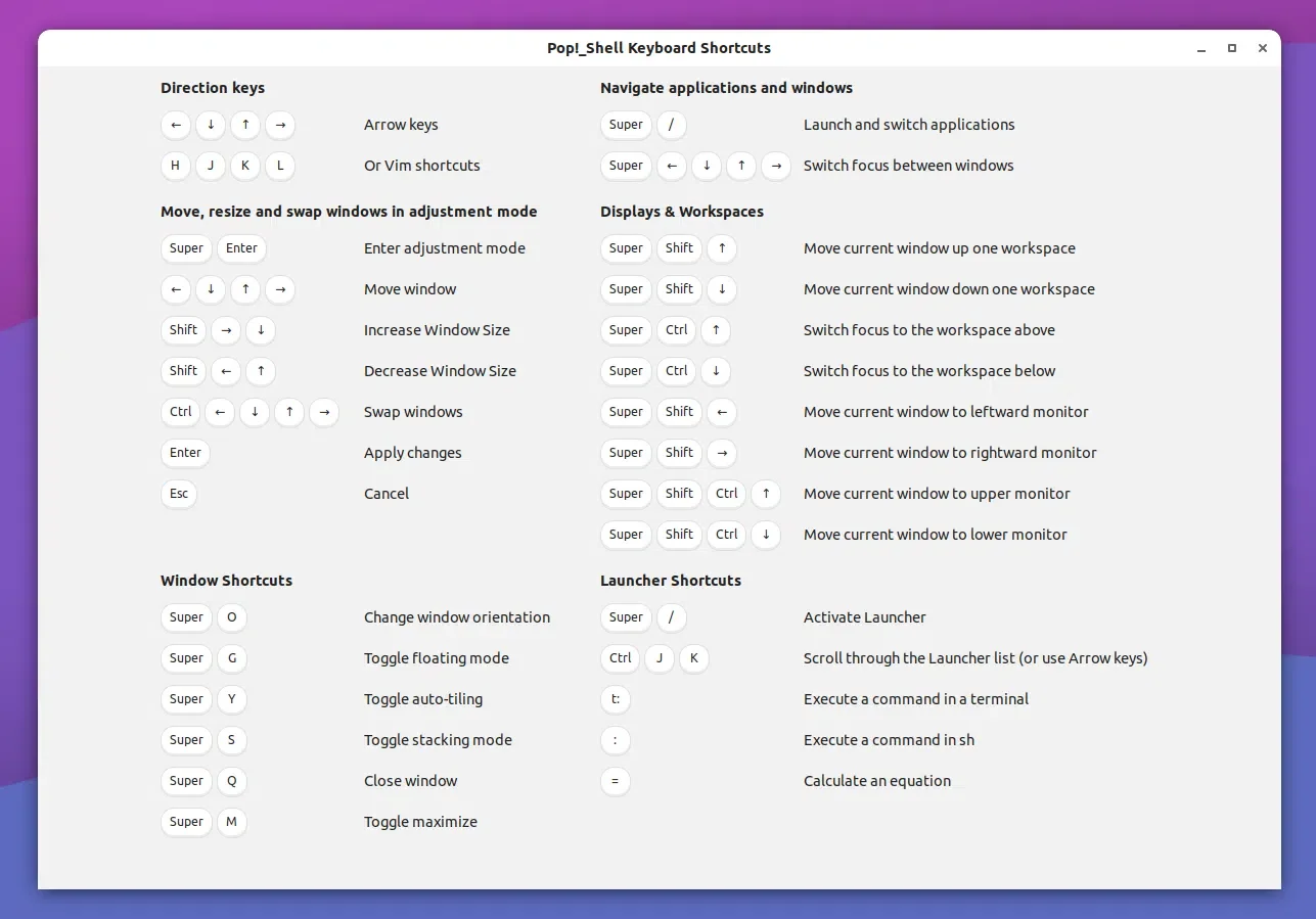 Atalhos de teclado do Pop Shell