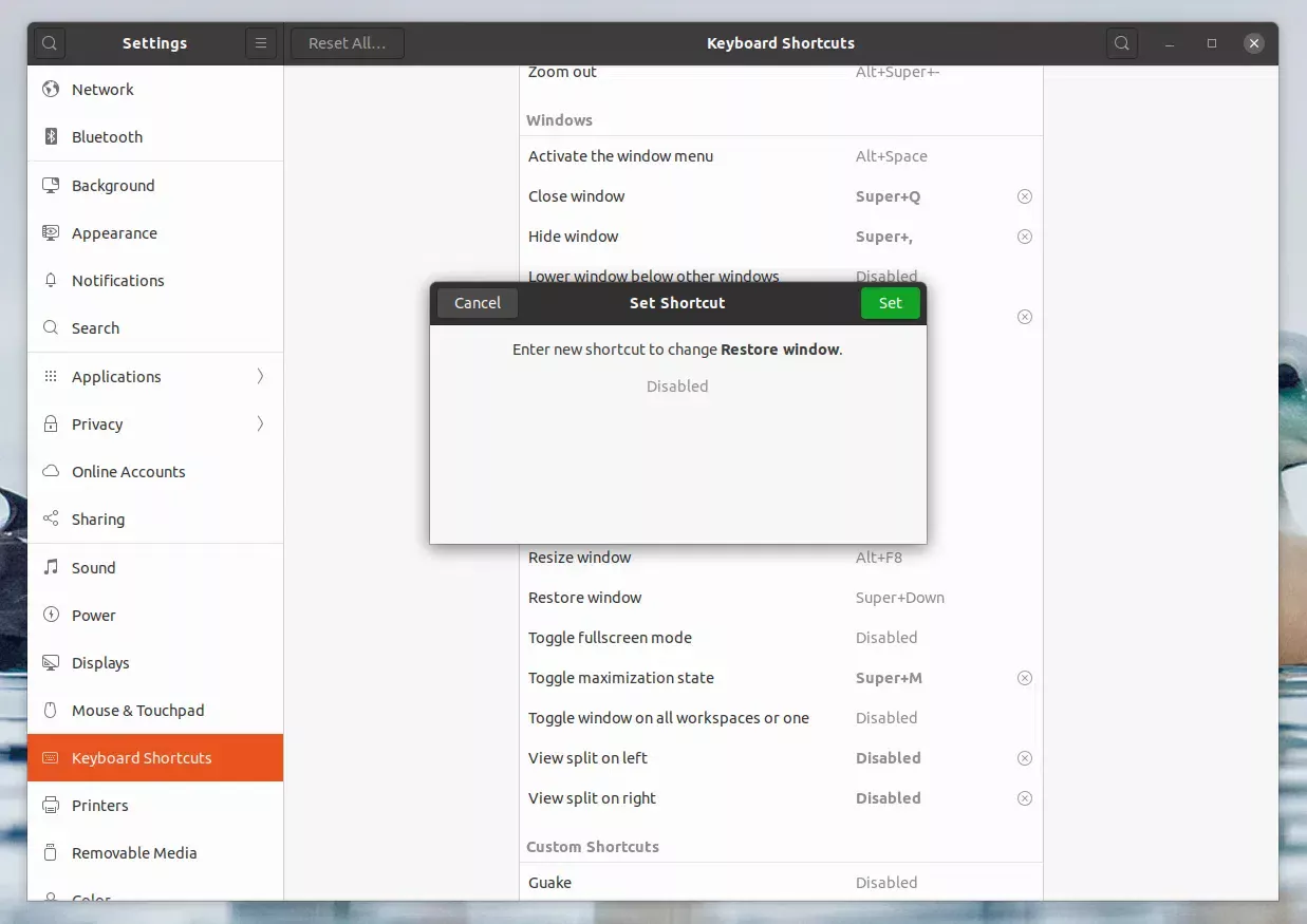 Teclado Disabled atalho Configurações GNOME