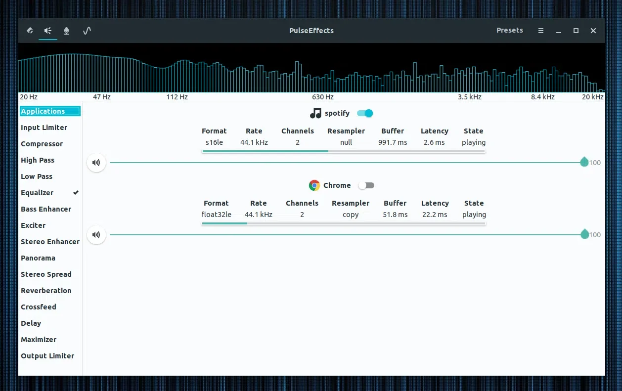 PulseEffects com a aba Applications selecionada