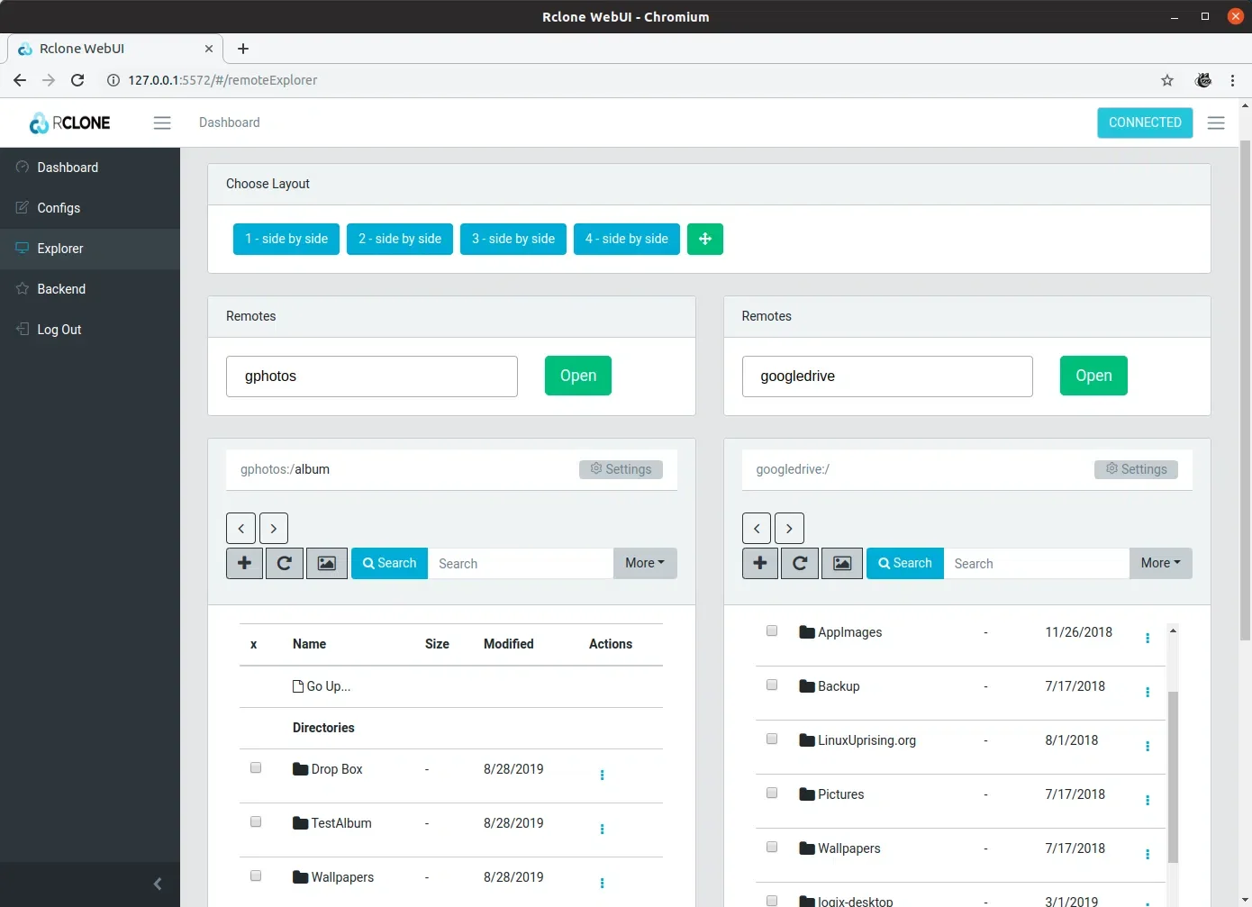 Rclone web UI Explorer