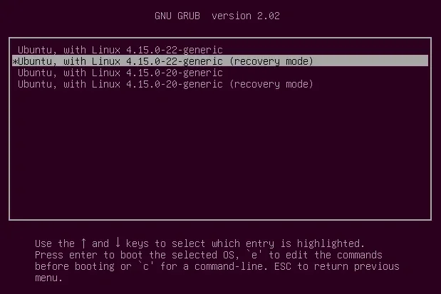 Modo de recuperação do Ubuntu grub