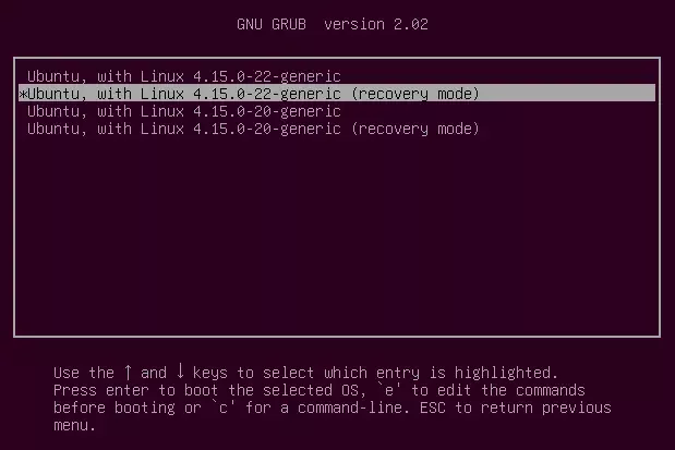 Modo de recuperação do Ubuntu grub