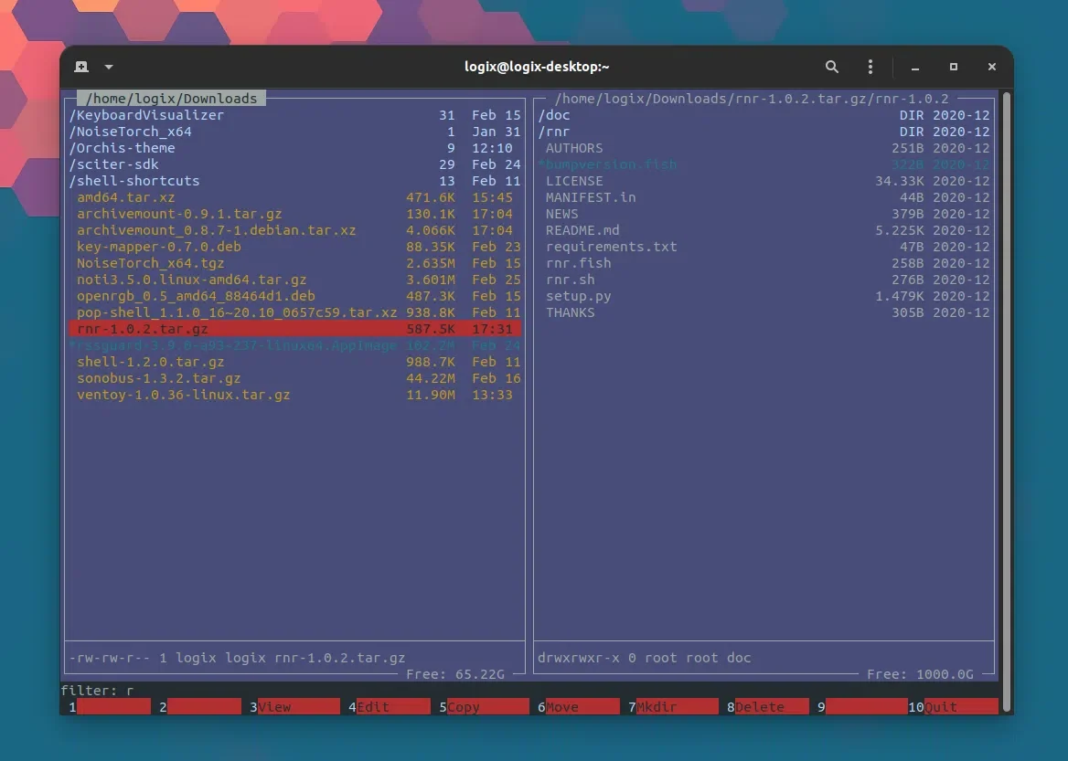 Gerenciador de arquivos RNR no Linux