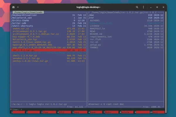 RNR é um gerenciador de arquivos de terminal que combina recursos do Midnight Commander e Ranger