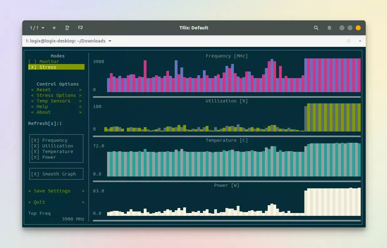 ui do console s-tui para monitoramento de CPU e teste de estresse