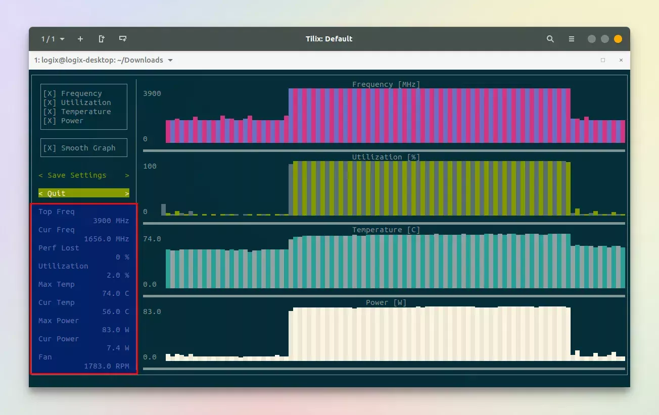 ui do console s-tui para valores de teste de estresse de cpu