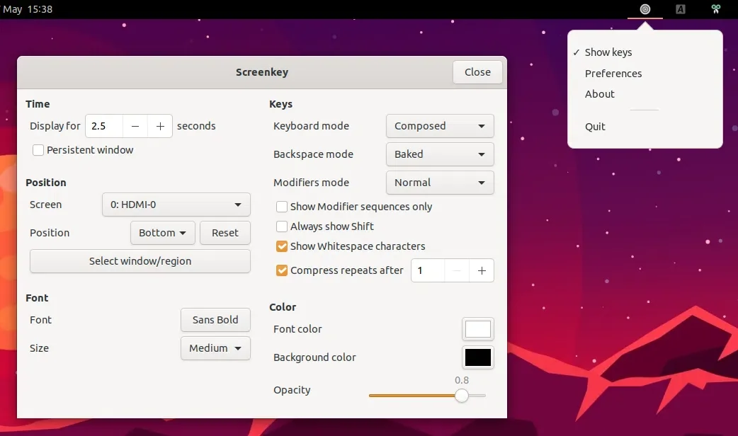 Indicador e preferências Screenkey