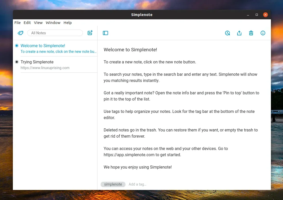 Aplicativo Simplenote Linux