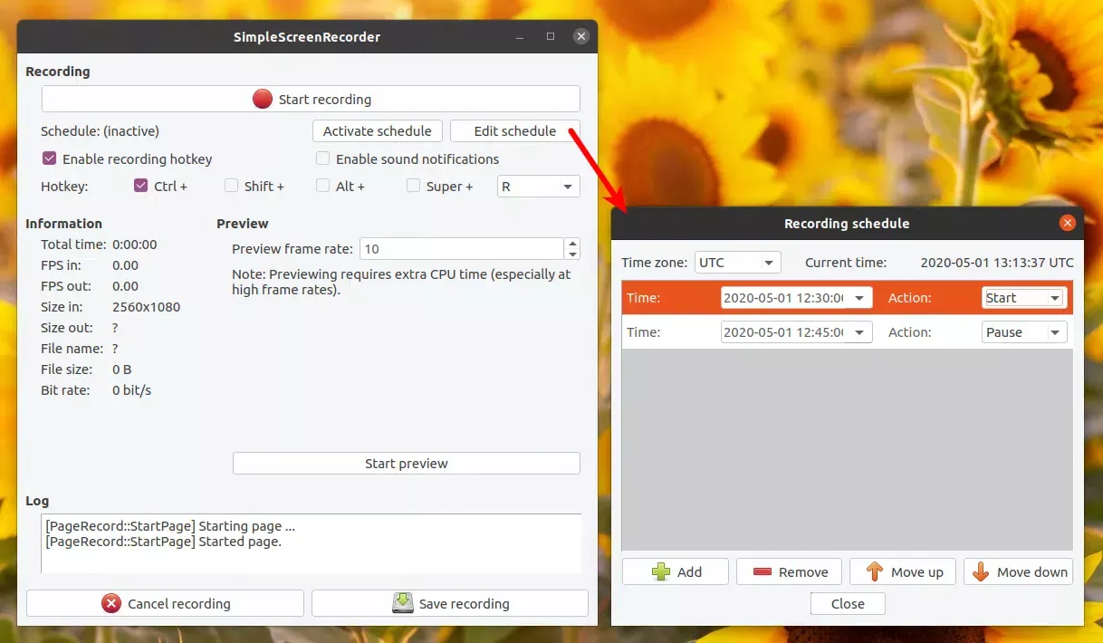 SimpleScreenRecorder agenda de gravação