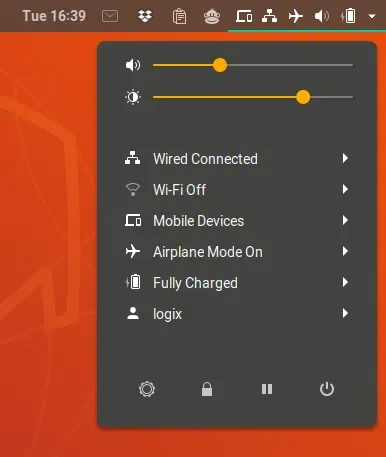 menu do usuário do shell do gnome do botão suspender permanentemente visível