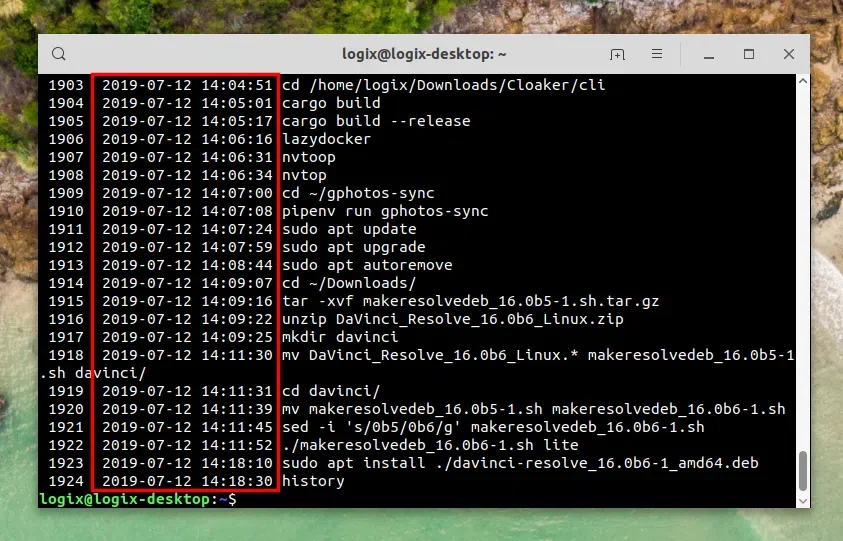 Histórico de timestamps Bash
