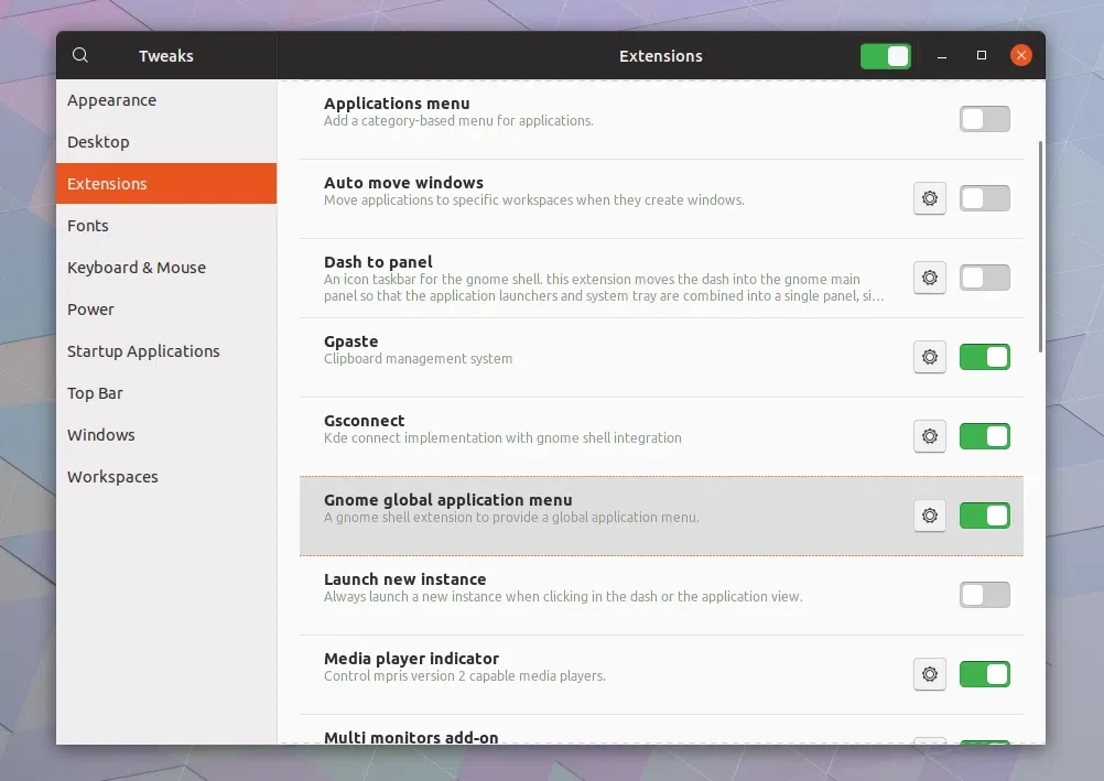 Menu de aplicativos globais do Gnome Tweaks