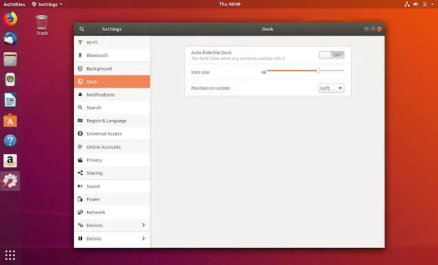 Preferências do Ubuntu mostrando a aba da dock