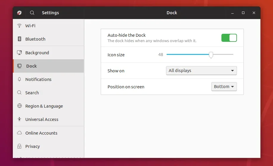 Tela do Gnome Tweaks mostrando a aba de configurações do dock