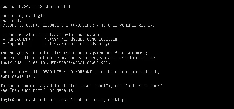 Área de trabalho de instalação do Ubuntu 18.04 tty