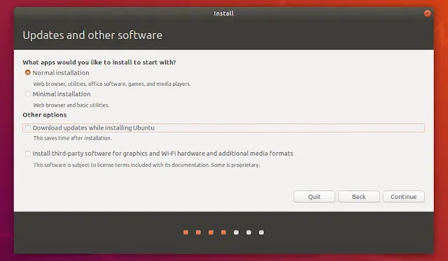 Instalação do Ubuntu 18.04 mostrando opção de instalação normal e mínima