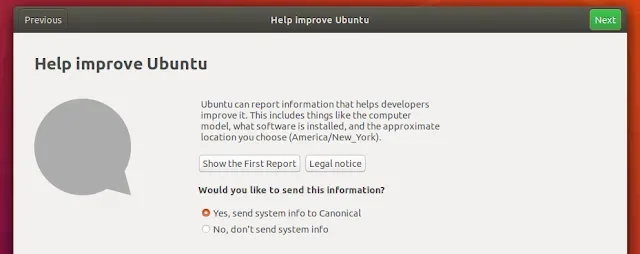 Tela de boas vindas do Ubuntu 18.04 mostrando opções de privacidade