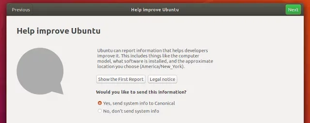 Tela de boas vindas do Ubuntu 18.04 mostrando opções de privacidade