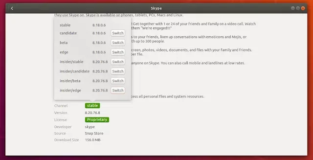Ubuntu Software com opção de escolher o canal