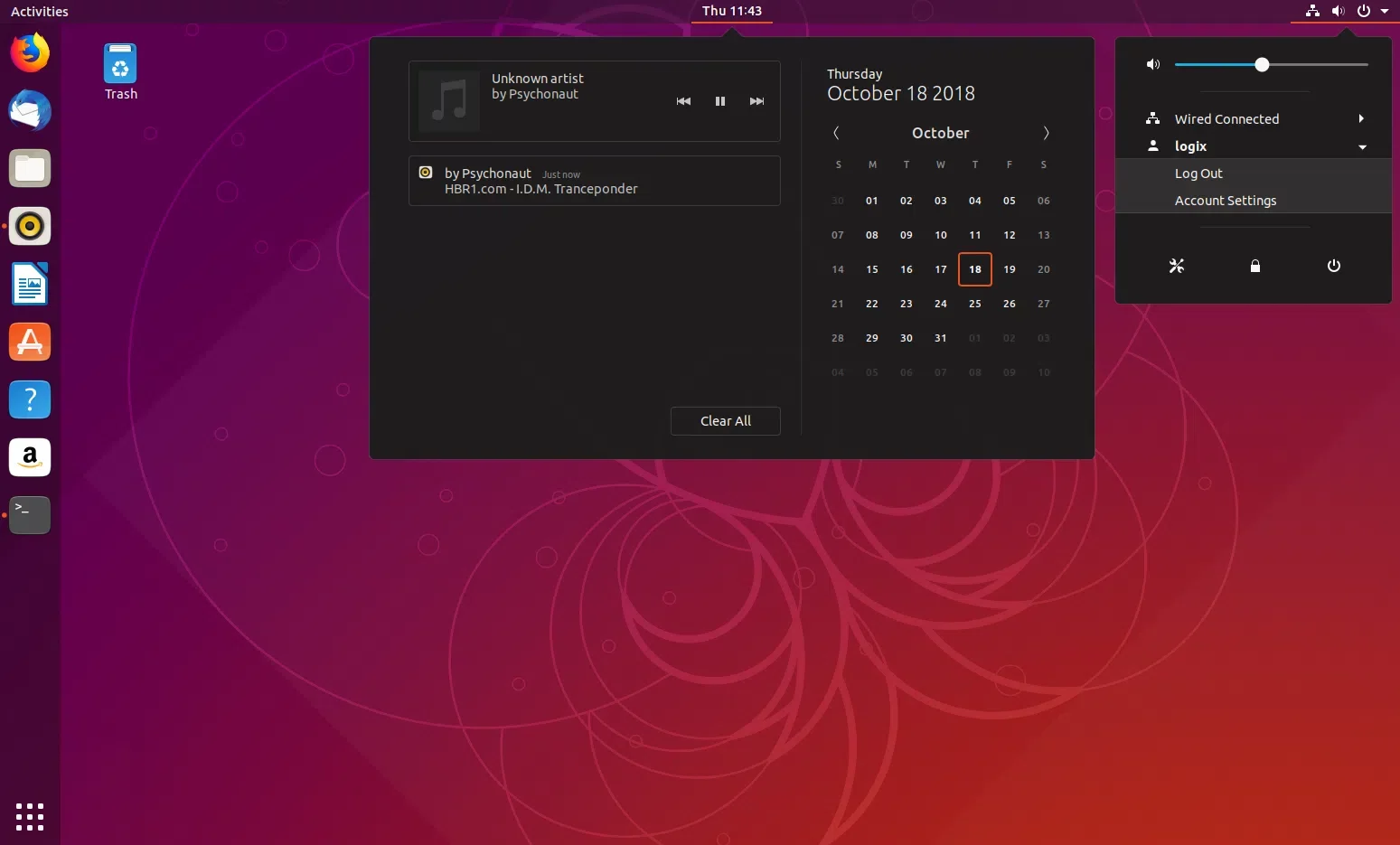 Captura de tela dos menus do tema do Ubuntu 18.10 Yaru Gnome Shell