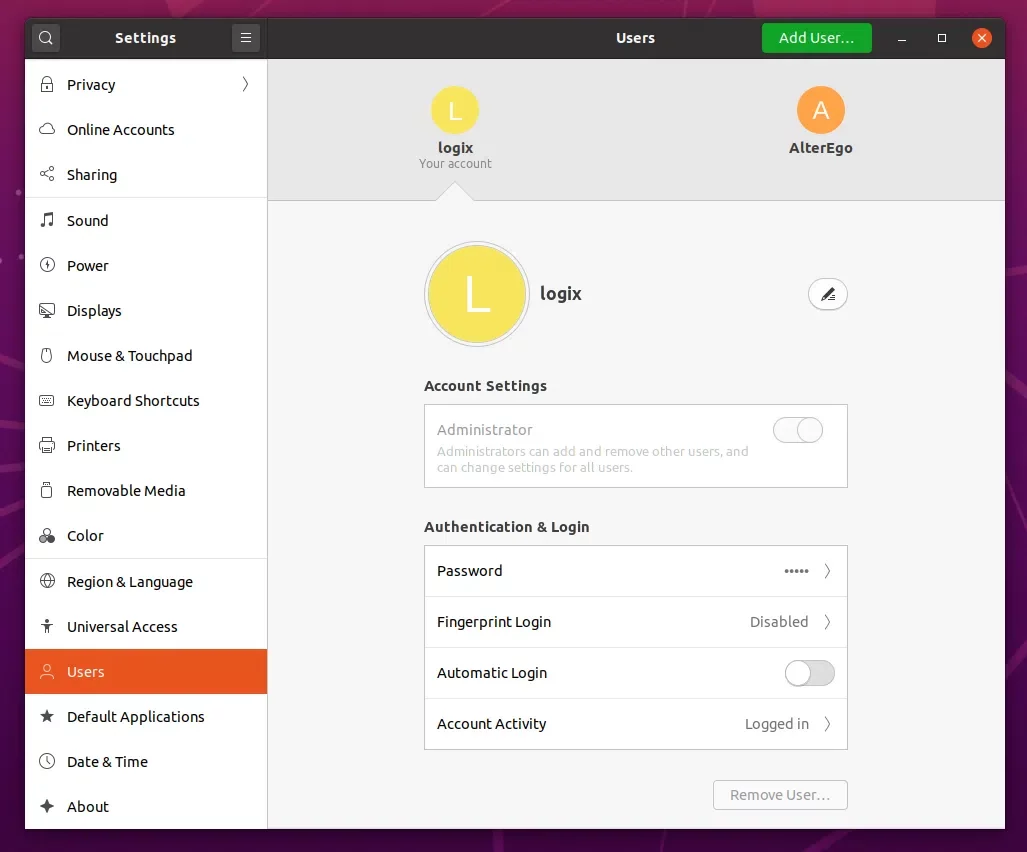 Ubuntu 20.04 screenshots users settings