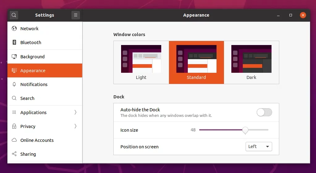 Ubuntu 20.04 screenshots theme selection system settings