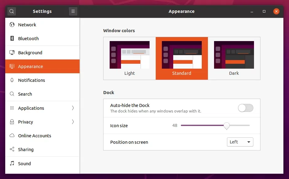 Ubuntu 20.04 Dock settings
