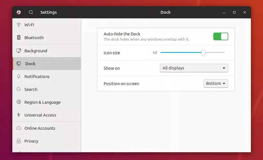 Tela do Gnome Tweaks mostrando a aba de configurações do dock