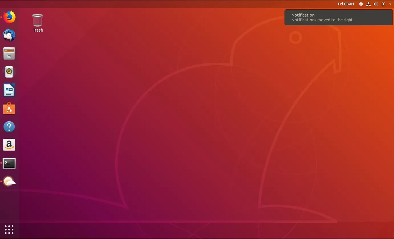 Área de trabalho do Ubuntu com a extensão Unite mostrando uma notificacão