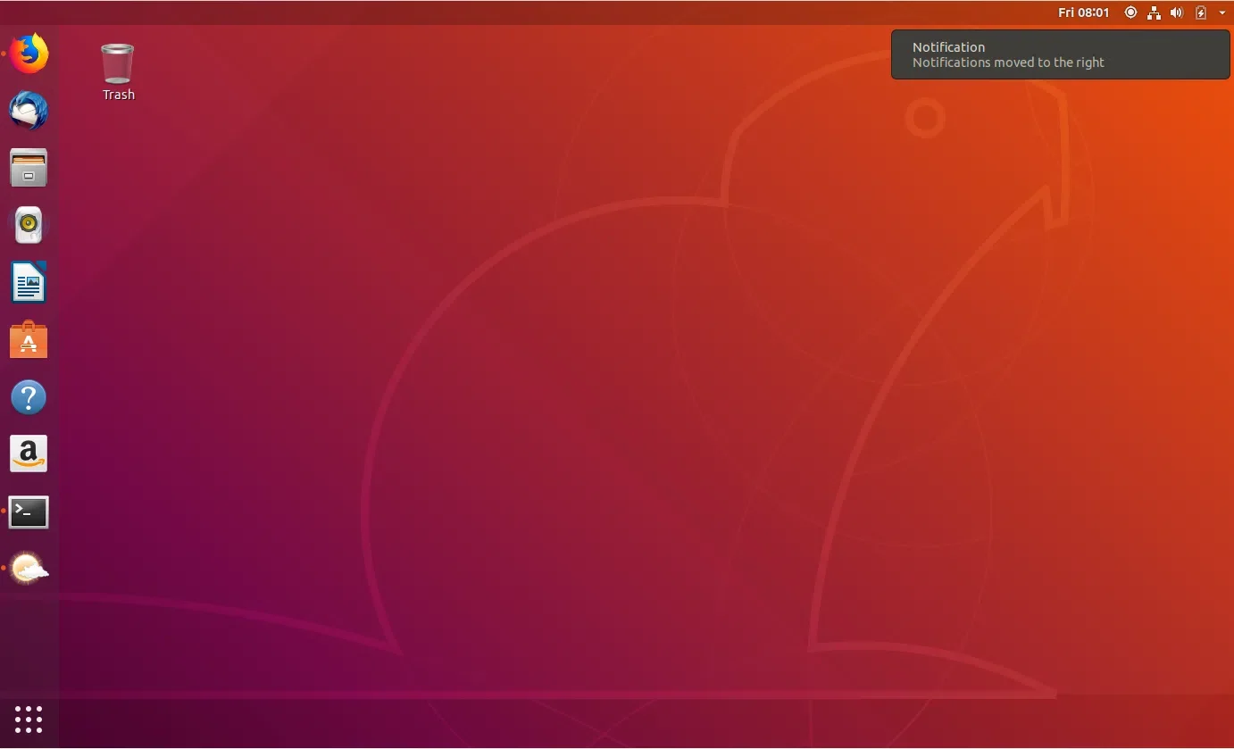 Área de trabalho do Ubuntu com a extensão Unite mostrando uma notificacão