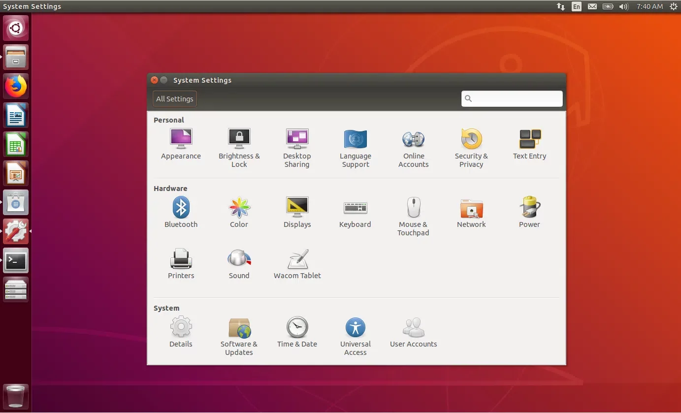 Tela mostrando o Unity no Ubuntu 18.04 com as preferências abertas