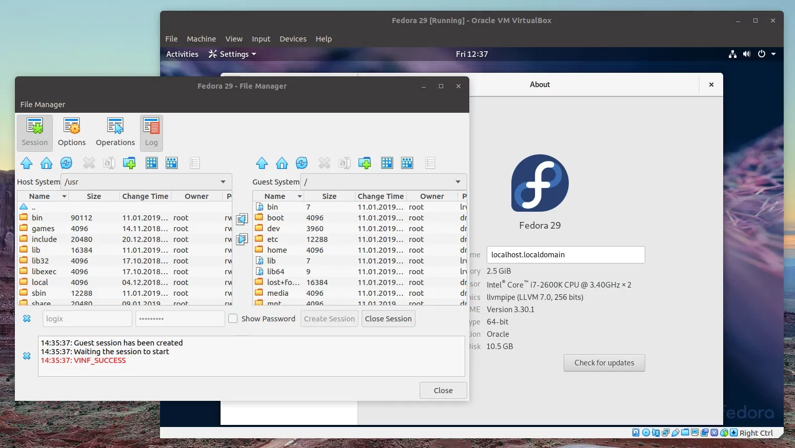 Gerenciador de arquivos Virtualbox 6.0 Fedora