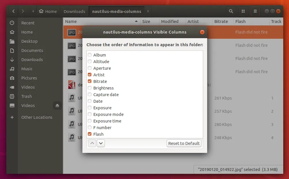 Visible Columns dialog Nautilus