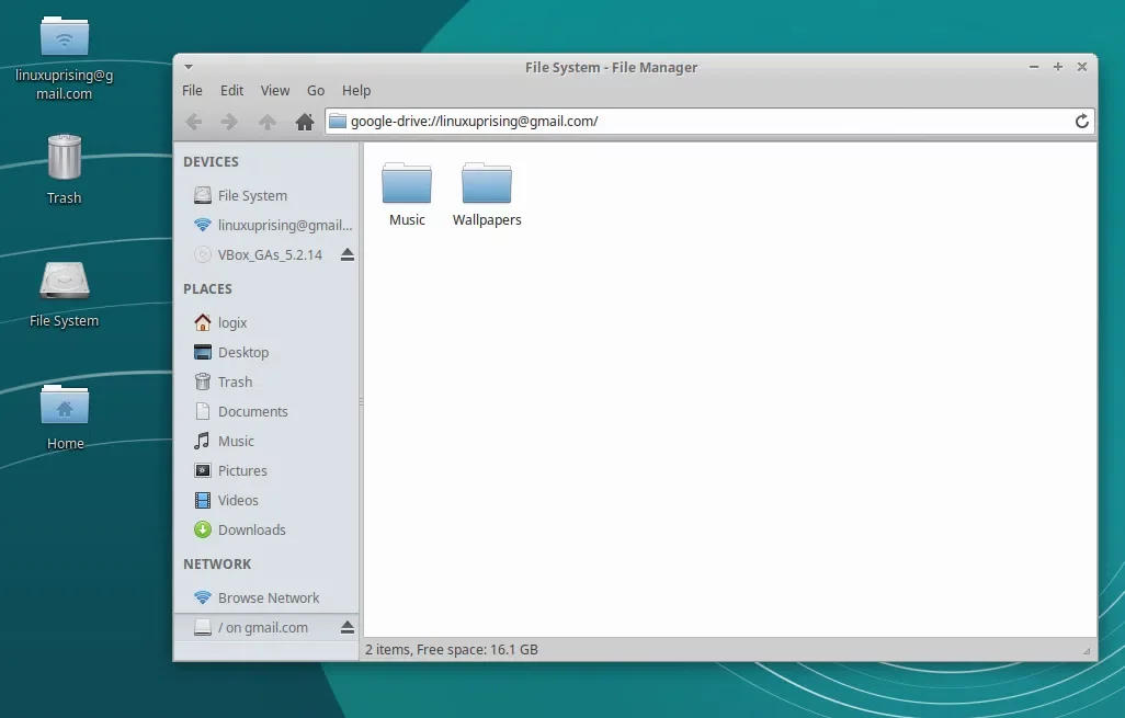 Google Drive montado em Thunar (gerenciador de arquivos Xfce padrão) usando Gnome Online Accounts/Xubuntu 18.04
