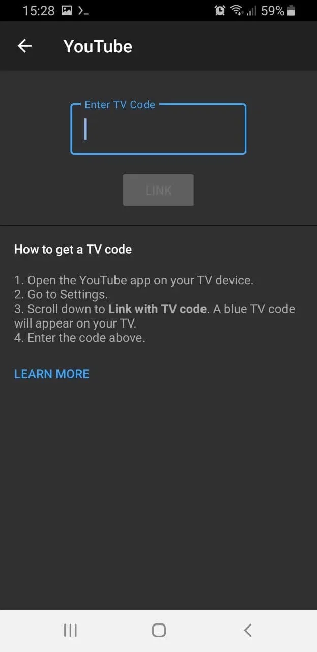 YouTube Android Digite o código