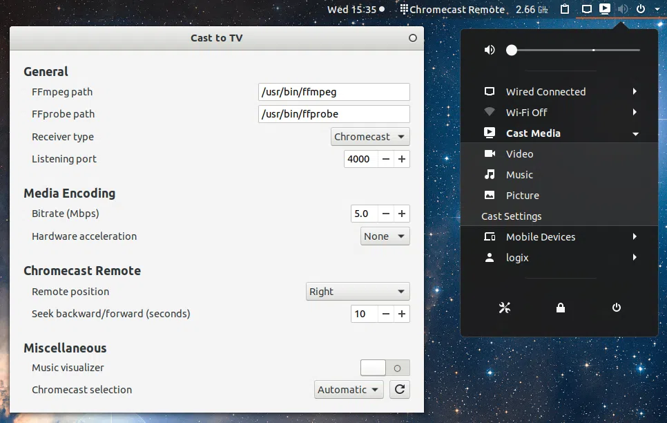 Transmitir para extensão GNOME da TV